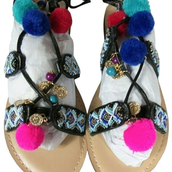 7.5 8.5 10 11 beaded lace-up pompom sandals - Picture 2 of 6